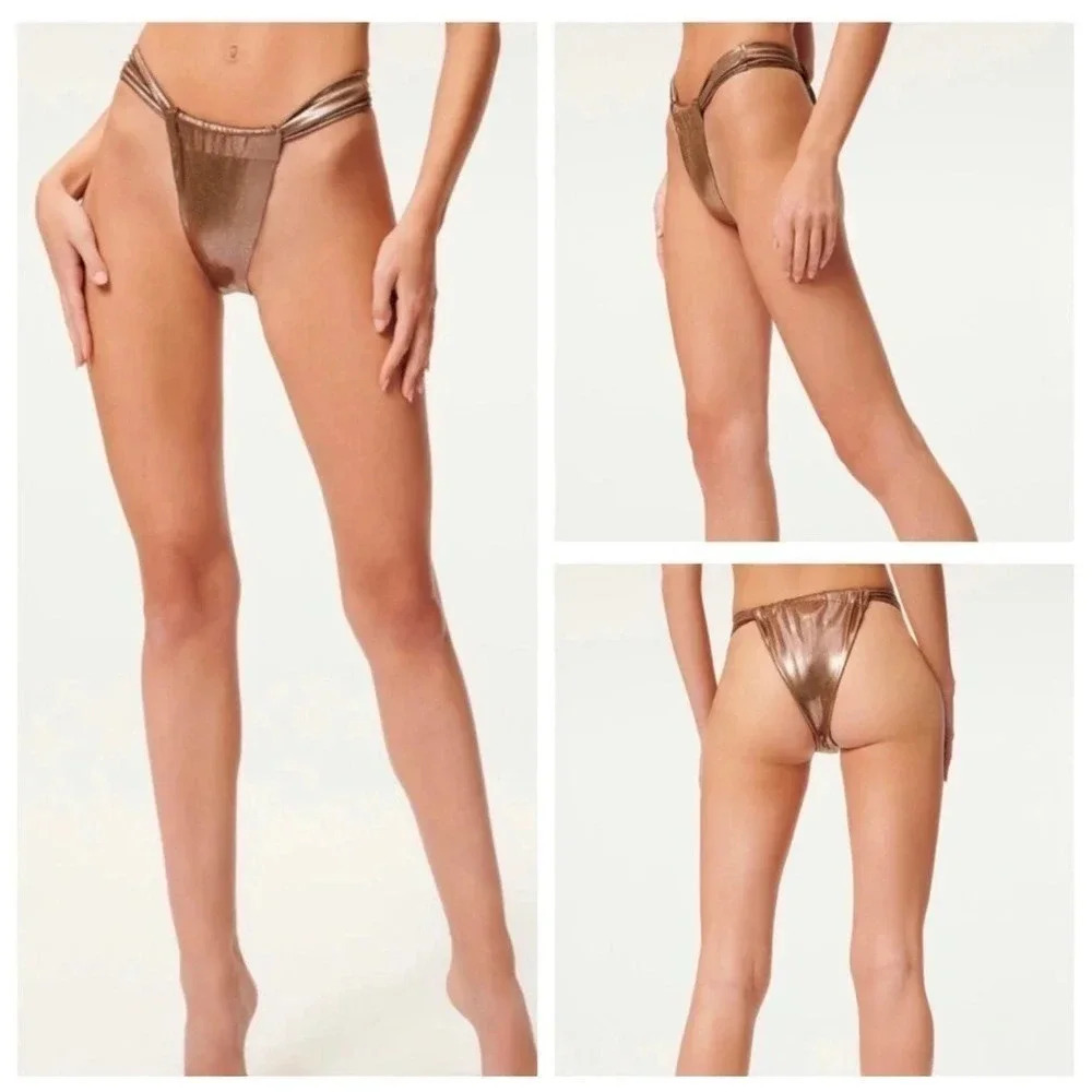 NEW Good American Womens 5 Metallic Brown Mocha Foil Ruched Bikini Bottoms v6x